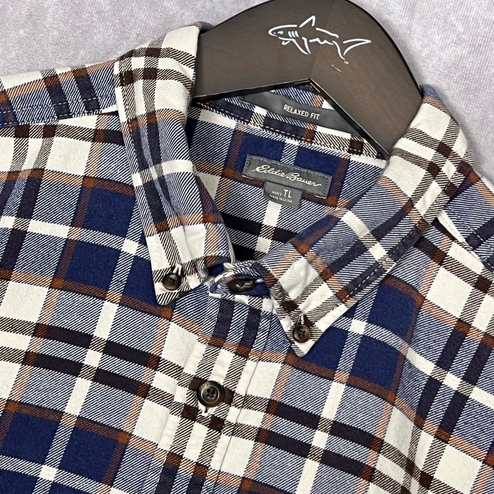 Eddie Bauer Mens Relaxed Fit Flannel Shirt Navy Blue White Plaid Tall Large TL